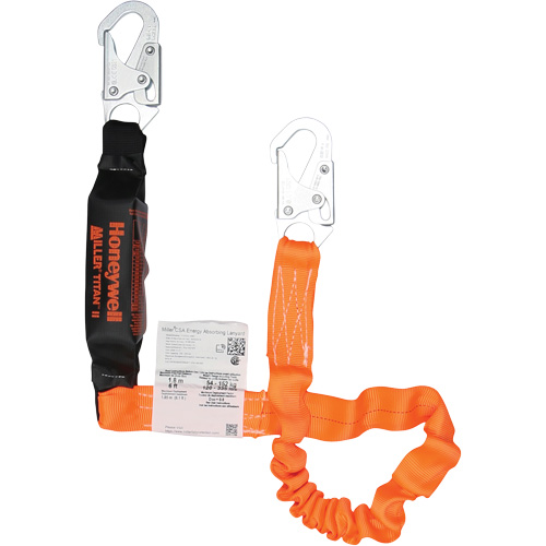 Titan Energy-Absorbing Lanyard, 6', Locking Snap Hook Center, Locking Snap Hook Leg Ends, Polyester Duraquip Inc