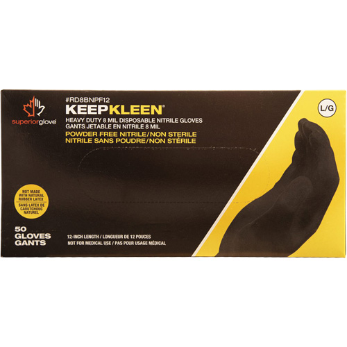 Gants jetables KeepKleen, Grand, Nitrile, 8 mils, Sans poudre, Noir Duraquip Inc