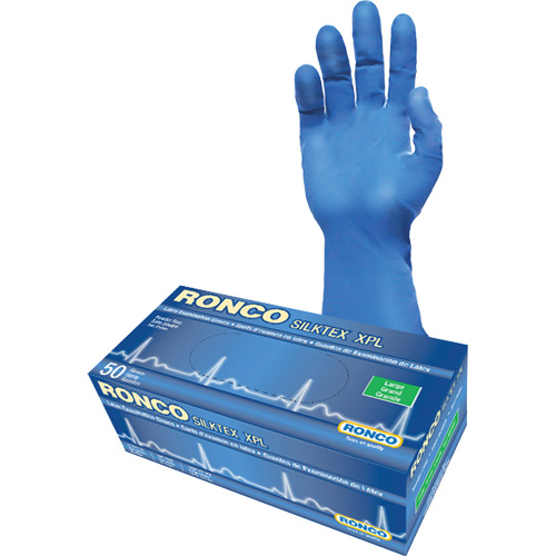 Gant d'examen extra long SilkTex XPL, Grand, Latex, 13 mils, Sans poudre, Bleu, Classe 2 Duraquip Inc