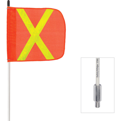 Fanion &agrave; tige en fibre de verre non aliment&eacute; Safety Whip, Fixation Filet&eacute;, Hauteur 6', Orange avec X r&eacute;fl&eacute;chissant Duraquip Inc