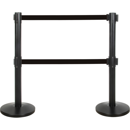 Dual Belt Crowd Control Barrier, Steel, 35" H, Black Tape, 7' Tape Length Duraquip Inc