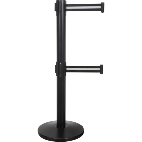 Barri&egrave;re pour le contr&ocirc;le des foules &agrave; courroie double, Acier, 35" h, Ruban Noir/Blanc, Longueur du ruban 7' Duraquip Inc