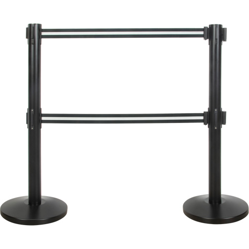 Barri&egrave;re pour le contr&ocirc;le des foules &agrave; courroie double, Acier, 35" h, Ruban Noir/Blanc, Longueur du ruban 7' Duraquip Inc