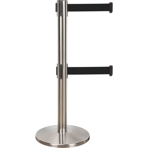 Dual Belt Crowd Control Barrier, Steel, 35" H, Black Tape, 7' Tape Length Duraquip Inc