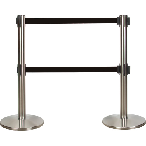 Dual Belt Crowd Control Barrier, Steel, 35" H, Black Tape, 7' Tape Length Duraquip Inc