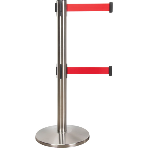 Dual Belt Crowd Control Barrier, Steel, 35" H, Red Tape, 7' Tape Length Duraquip Inc