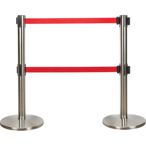 Dual Belt Crowd Control Barrier, Steel, 35" H, Red Tape, 7' Tape Length Duraquip Inc