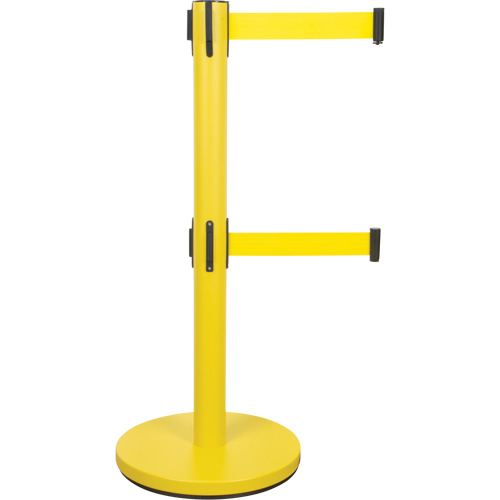 Barri&egrave;re pour le contr&ocirc;le des foules &agrave; courroie double, Acier, 35" h, Ruban Jaune, Longueur du ruban 7' Duraquip Inc