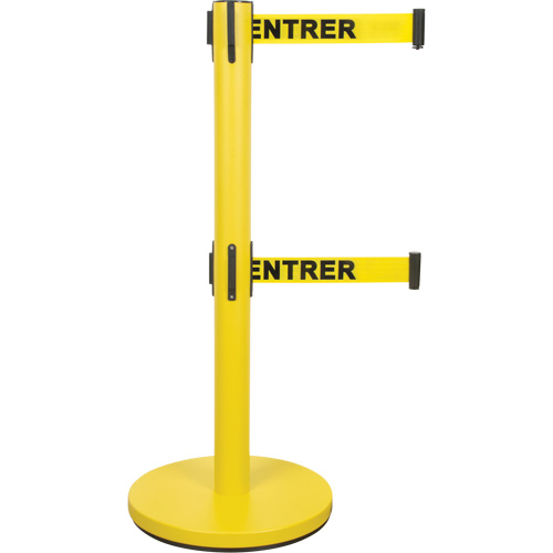 Barri&egrave;re pour le contr&ocirc;le des foules &agrave; courroie double, Acier, 35" h, Ruban Jaune, Longueur du ruban 7' Duraquip Inc