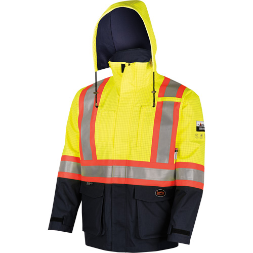 4485 Manteau de s&eacute;curit&eacute; Defender antistatique/ignifuge/anti-arc &eacute;lectrique en trilamin&eacute;, Petit, Noir/Jaune haute visibilit&eacute;, 11 cal/cm² Duraquip Inc