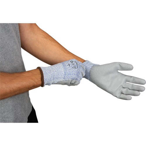 Eco-Friendly Stretch Cut-Resistant Gloves, Size 8, 13 Gauge, Polyurethane Coated, HPPE/RPET Shell, ASTM ANSI Level A2 Duraquip Inc