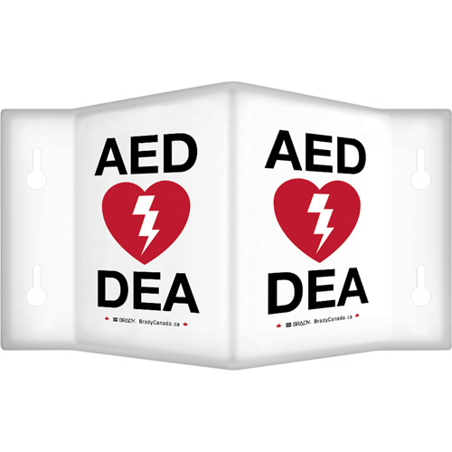 90° Projecting "AED/DEA" Sign, 6" x 5", Plastic, Bilingual with Pictogram Duraquip Inc