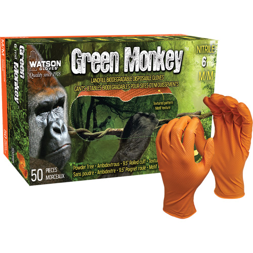 Green Monkey Disposable Gloves, Small, Nitrile, 6-mil, Powder-Free, Orange Duraquip Inc