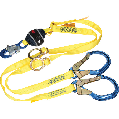 Twin-Leg Tie-Back Web Shock-Absorbing Lanyard, 6', Rebar Hook Center, Snap Hook Leg Ends, Polyester Duraquip Inc