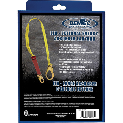 External Energy Absorber Lanyard with 2-1/4" Hook in Retail Box, 6', Snap Hook Center, Snap Hook Leg Ends, Polyester Duraquip Inc