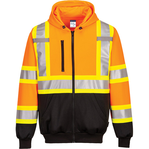 Chandail de s&eacute;curit&eacute; &agrave; capuchon avec bandes contrastantes, Petit, Noir/Orange haute visibilit&eacute; Duraquip Inc