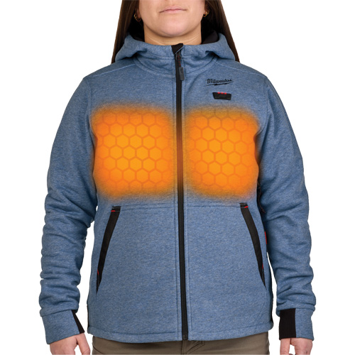 Chandail &agrave; capuchon chauffant M12 avec pile, Femmes, T-Grand, Bleu, Poly-coton Duraquip Inc