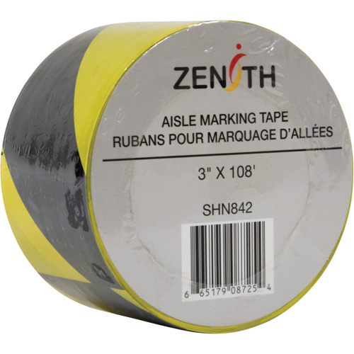 Aisle Marking Tape, 3" x 108', PVC, Noir et jaune Duraquip Inc