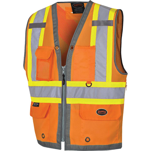Pioneer Mesh Back Zip Front Surveyor Safety Vest, High Visibility Orange, Small, Polyester Duraquip Inc