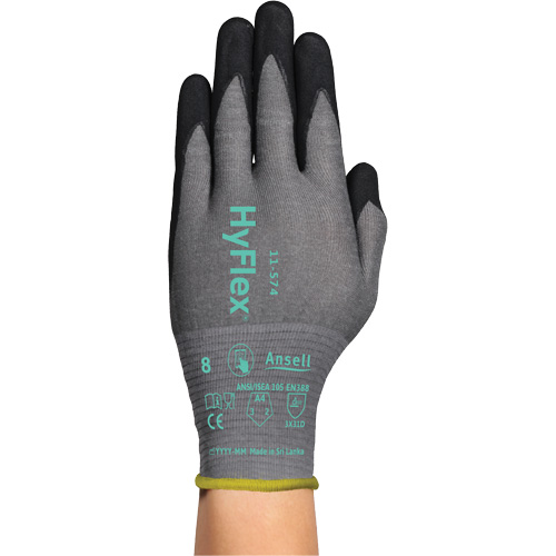 Gants r&eacute;sistants &agrave; la coupe HYFLEX 11-574, Taille 5/2T-petit, Calibre 21, Rev&ecirc;tement Mousse de nitrile, Enveloppe en Intercept, ASTM ANSI niveau A4/EN 388 niveau D Duraquip Inc