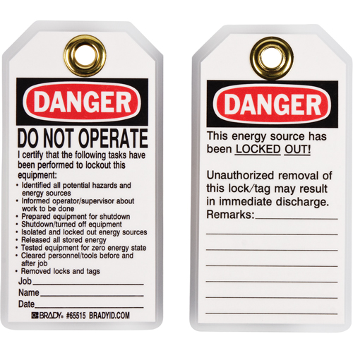 &eacute;tiquettes de verrouillage, Plastique, 3" la x 5-1/2" h, Anglais Duraquip Inc