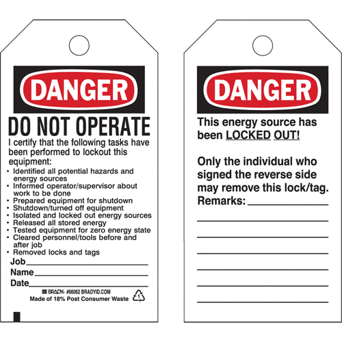 Lockout Tags, Plastic, 3" W x 5-1/2" H, English Duraquip Inc