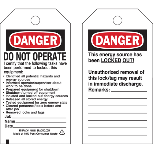Lockout Tags, Plastic, 3" W x 5-3/4" H, English Duraquip Inc