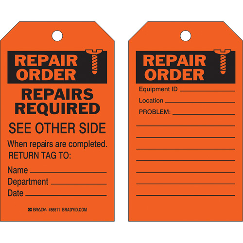 Safety Repair Tag, Polyester, 4" W x 7" H, English Duraquip Inc
