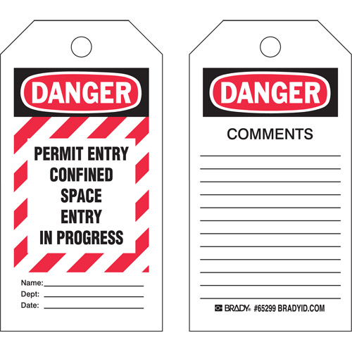 "Confined Space" Tags, Polyester, 3" W x 5-3/4" H, English Duraquip Inc
