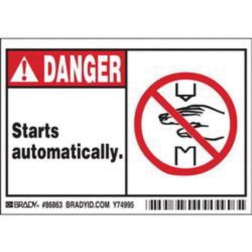 Enseigne Danger Starts Automatically, 3-1/2" x 5", Polyester, Anglais avec pictogramme Duraquip Inc