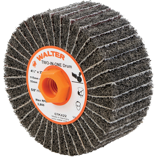Two-In-One Finishing Drums, 4-1/2" Dia. x 2" W, 5/8"-11 Arbor, Aluminum Oxide Duraquip Inc