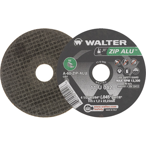 Zip Alu Cut-Off Wheel, 4-1/2" x 3/64", 7/8" Arbor, Type 1, Aluminum Oxide, 13300 RPM Duraquip Inc