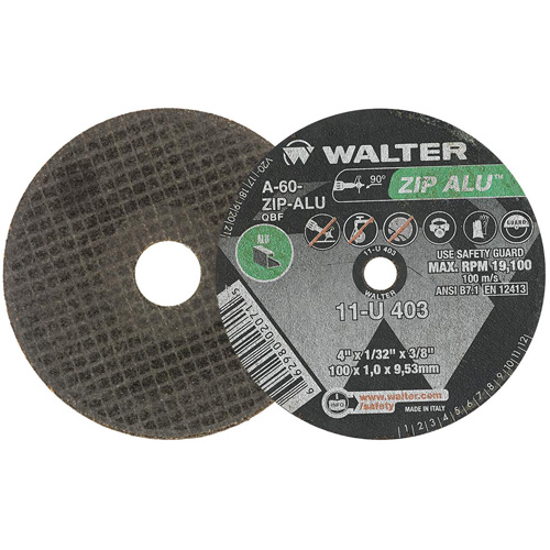 Meule ZIP ALU, 4" x 1/32", Arbre de 3/8", Type 1, Oxyde d'aluminium, 19100 Tr/min Duraquip Inc