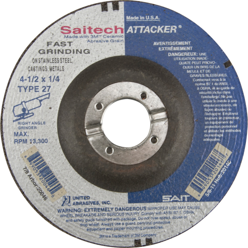 Saitech Attacker&reg; Fast Grinding Wheel, 4-1/2" x 1/4", 7/8" Arbor, Aluminum Oxide/Ceramic, Type 27 Duraquip Inc