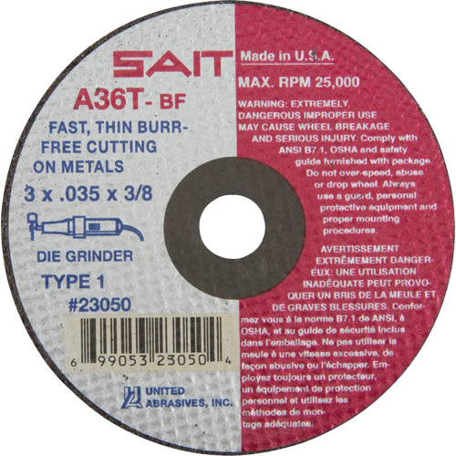 Cut-Off Wheel (A36T), 3" x 0.035", 3/8" Arbor, Type 27, Aluminum Oxide, 25000 RPM Duraquip Inc