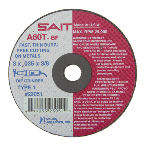 Cut-Off Wheel (A36T), 3" x 0.035", 3/8" Arbor, Type 1, Aluminum Oxide, 25000 RPM Duraquip Inc