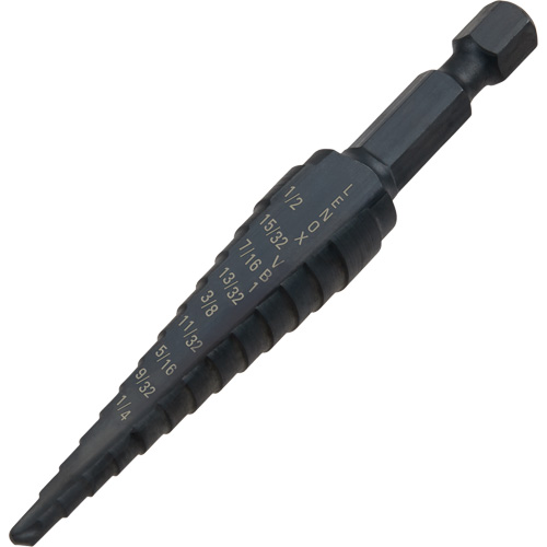 #1 Step Drill Bit, 1/8" - 1/2" , 1-3/2" Increments, High Speed Steel Duraquip Inc