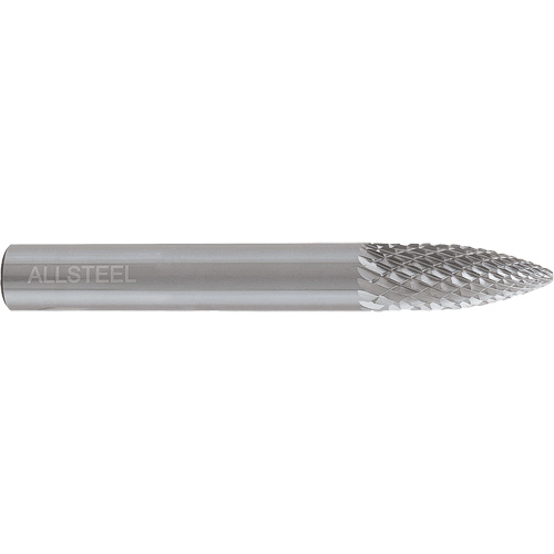 AllSteel Tapered Shape Carbide Burr, SG-5, 1/2" Dia., 1/4" Shank, 1" Depth of Cut Duraquip Inc