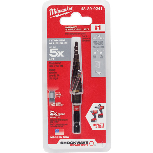 #1 Shockwave Impact Duty Step Drill Bit, 1/2" - 1-1/8" , 1/32" Increments, Titanium Duraquip Inc