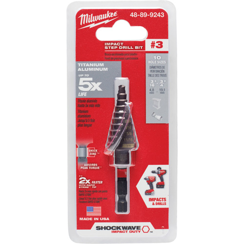 #3 Shockwave Impact Duty Step Drill Bit, 3/16" - 3/4" , 1/16" Increments, Titanium Duraquip Inc