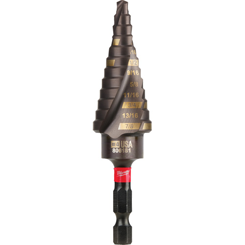 #4 Shockwave Impact Duty Step Drill Bit, 3/16" - 7/8" , 1/16" Increments, Titanium Duraquip Inc