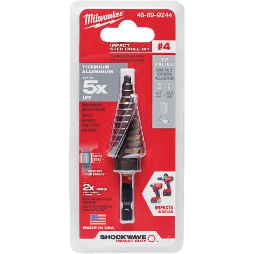 #4 Shockwave Impact Duty Step Drill Bit, 3/16" - 7/8" , 1/16" Increments, Titanium Duraquip Inc