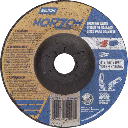 NorZon Plus SGZ Grinding Wheel, 4" x 1/8", 5/8" Arbor, Ceramic Alumina, Type 27 Duraquip Inc
