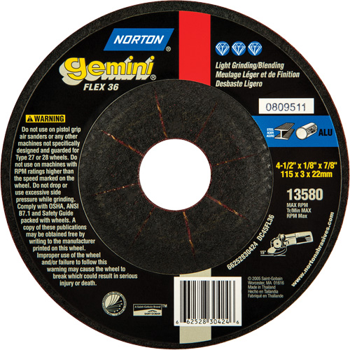 Gemini&reg; Flexible Mini Disc Depressed Centre Wheel, 4-1/2" x 1/8", 7/8" Arbor, Aluminum Oxide, Type 27 Duraquip Inc