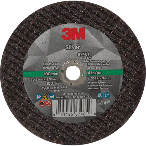 Silver Cut-Off Wheel, 4" x 0.04", 3/8"-24 Arbor, Type 1, Ceramic, 19100 RPM Duraquip Inc