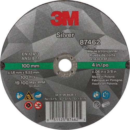Silver Cut-Off Wheel, 4" x 0.06", 3/8"-24 Arbor, Type 1, Ceramic, 19100 RPM Duraquip Inc