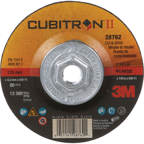 Disque de coupe et de meulage &agrave; changement rapide Cubitron II, 4-1/2" x 1/8", Arbre de 5/8"-11, Type 27, C&eacute;ramique Duraquip Inc