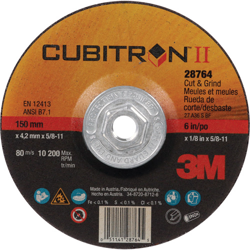 Disque de coupe et de meulage &agrave; changement rapide Cubitron II, 6" x 1/8", Arbre de 5/8"-11, Type 27, C&eacute;ramique Duraquip Inc