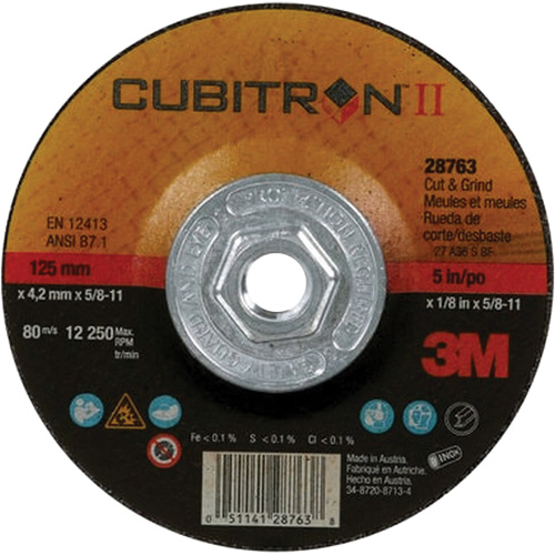 Cubitron II Quick Change Cut & Grind Wheel, 5" x 1/8", 5/8"-11 Arbor, Type 27, Ceramic Duraquip Inc