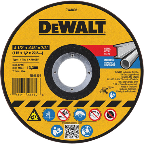 Metal Cut-Off Wheel, 4-1/2" x 0.045", 7/8" Arbor, Aluminum Oxide, Type 1 Duraquip Inc
